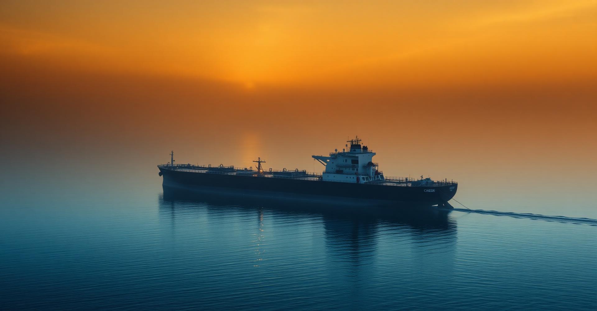 Crude oil tanker on calm ocean at dawn